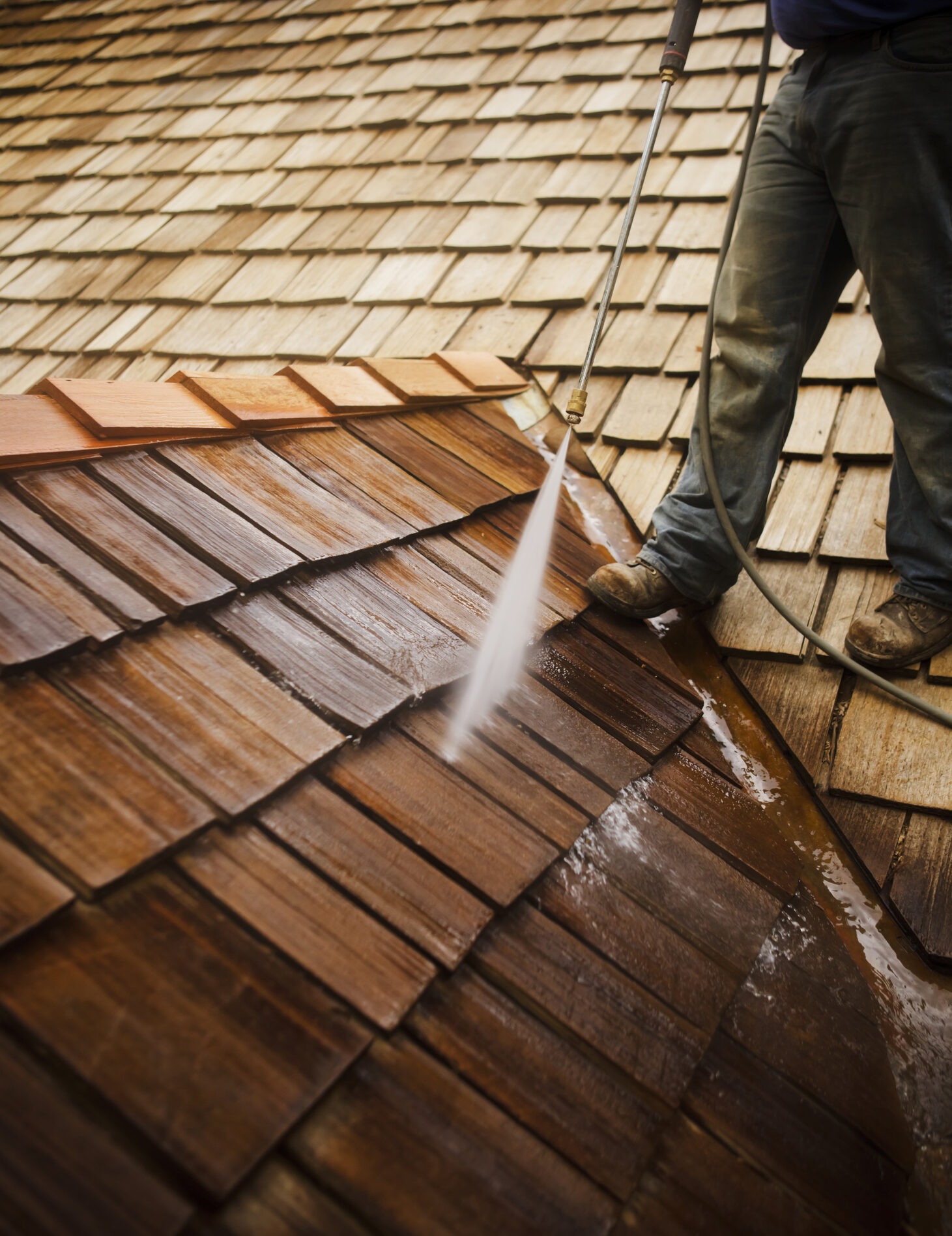 A cleaning technician uses pressure washing techniques to clean wooden shingles on the roof of a home.